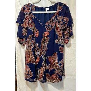 Women's Cato Chic Boho Navy Blue Paisley Blouse w/ Ruffle Short Sleeves Sz L